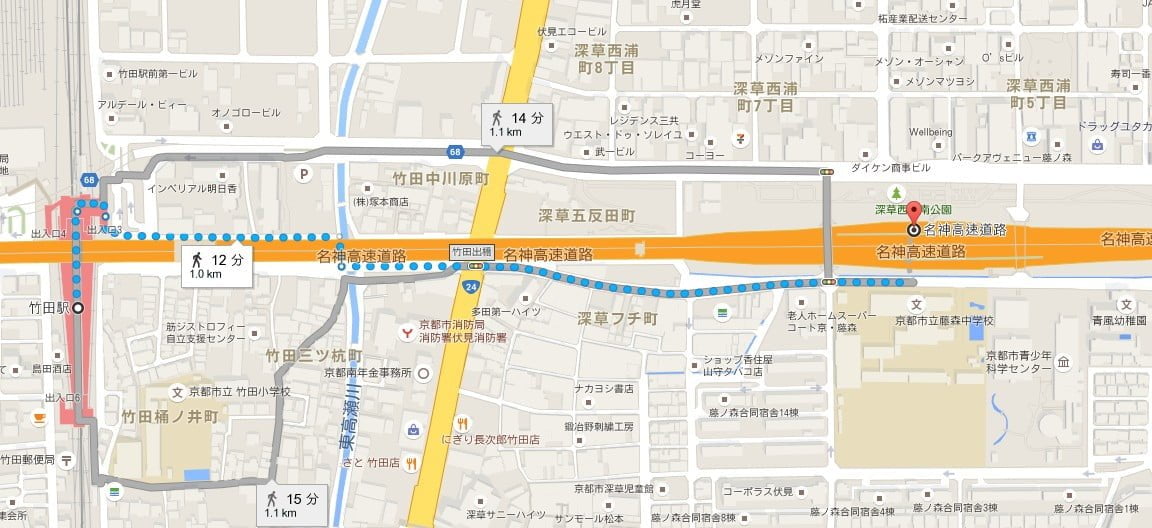 深草バスストップから竹田駅までの地図